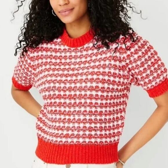 Ann Taylor Sweaters - Ann Taylor Women's Pink White Red Short Sleeve Knit Ribbed Sweater Size Small